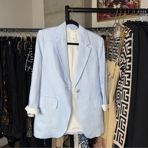 H&M Light Blue Linen Blend Single Button Blend Tailored Blazer Womens XS EUC